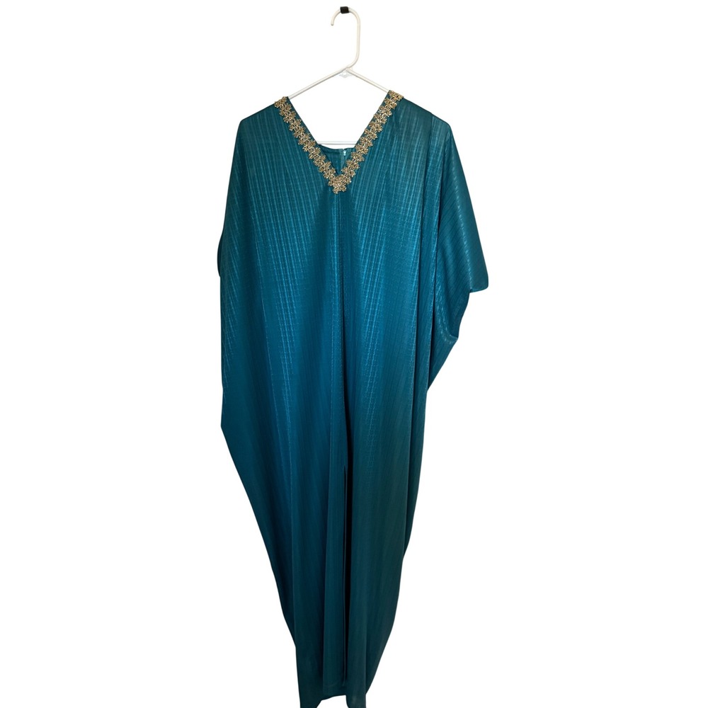 Vintage Teal Blue Metallic Kaftan Gown Gold Lace Trim V-Neck Plisse Maxi Dress